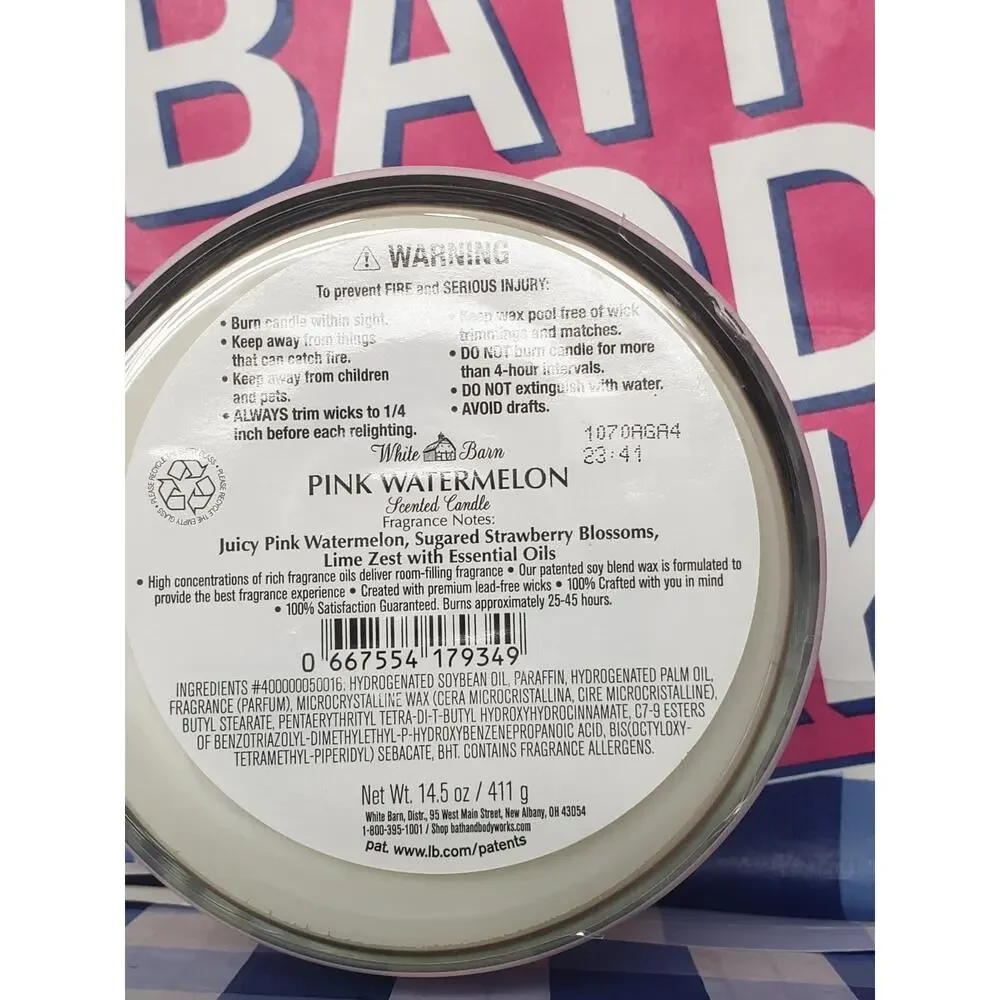 BBW Pink Watermelon Large Striped Jar 3 Wick Candle Home Fragrance Decor